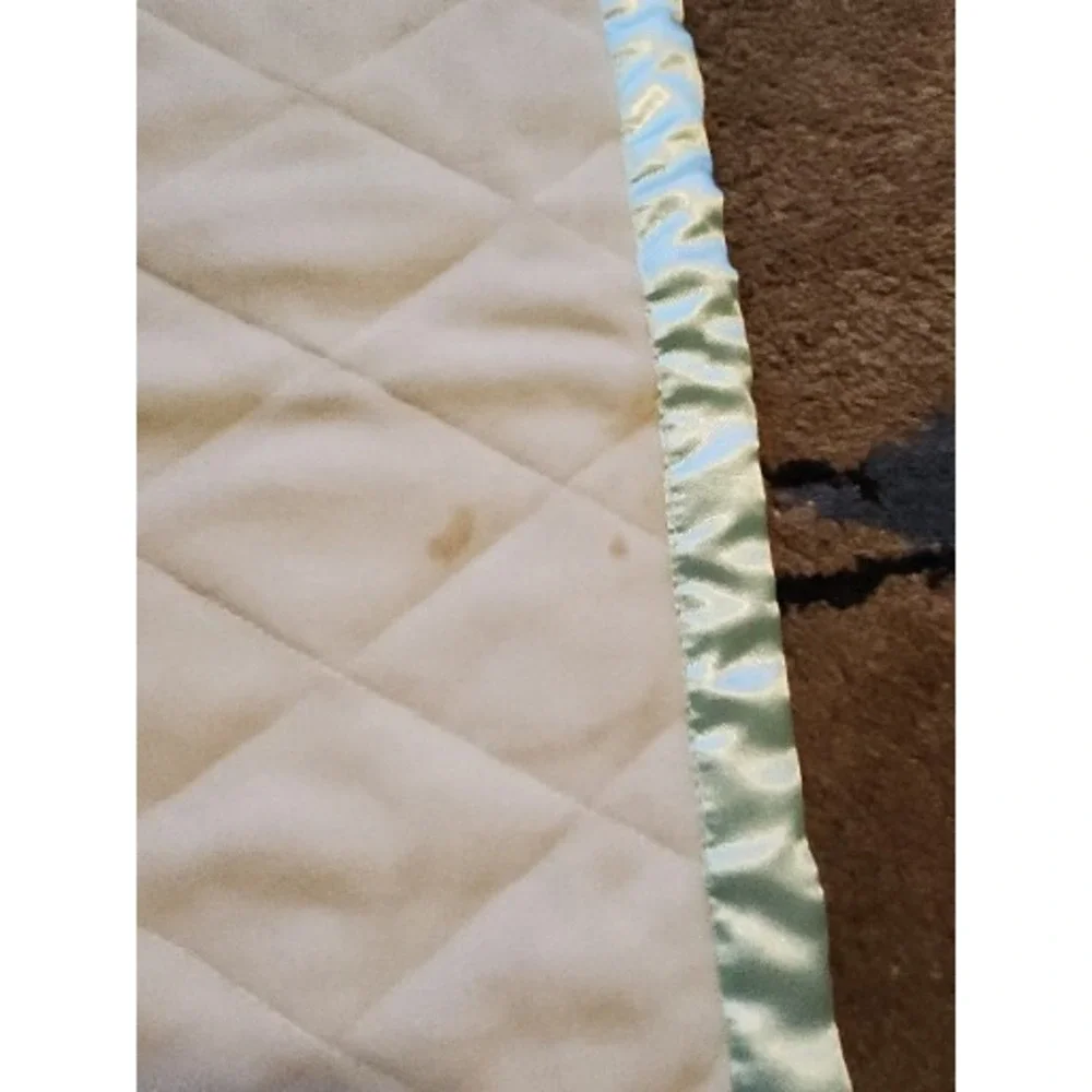 My Way Babies White Plush Baby Security Blanket w Green Satin Edge‎ Some Stains